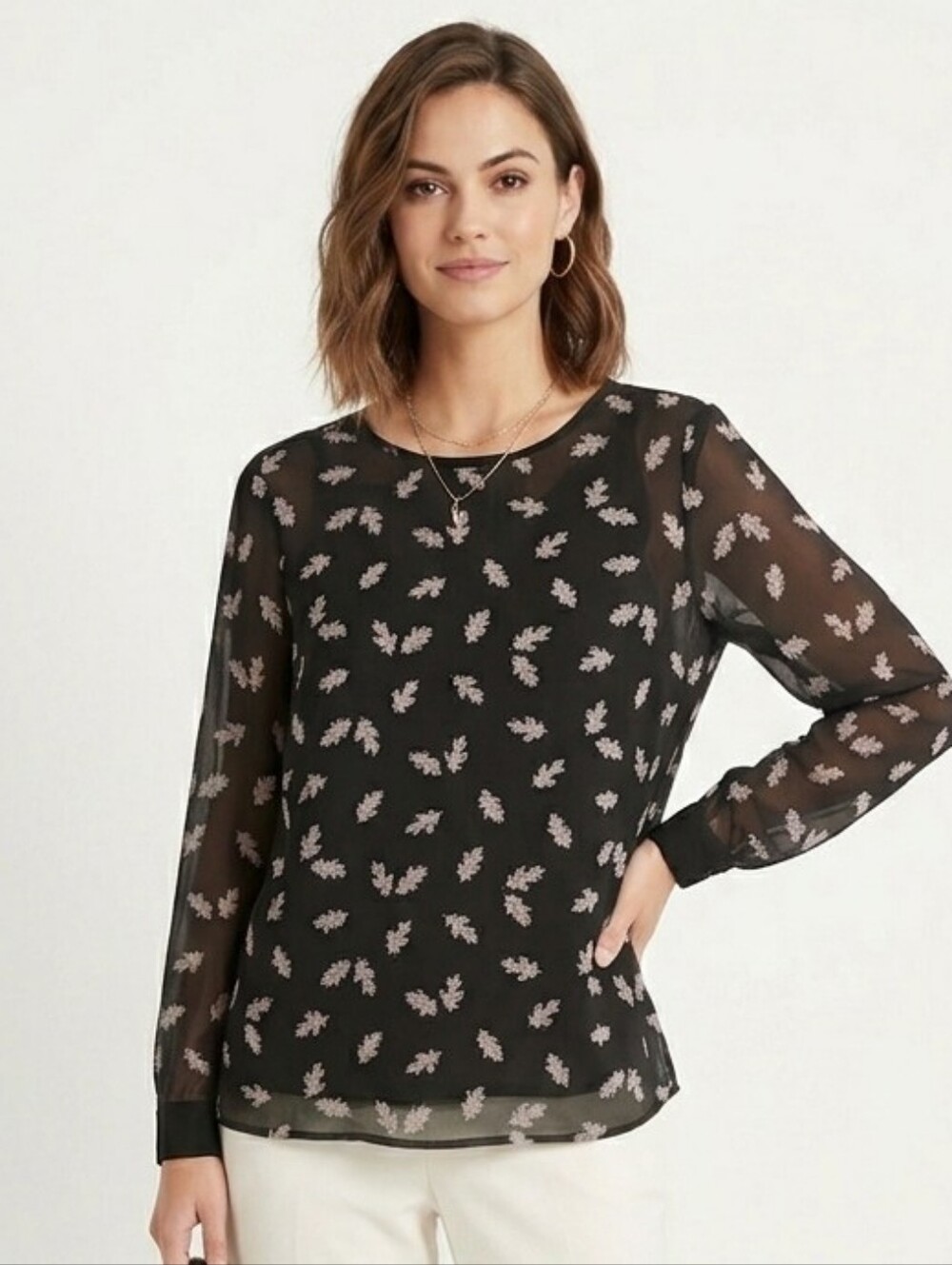Anne Klein Black Semi Sheer Blouse with White Leaf Print
